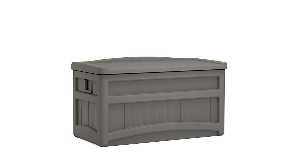 Suncast 73-gallon deck box front view showing large storage capacity.
