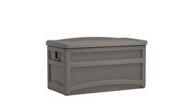 Suncast 73-gallon deck box front view showing large storage capacity.