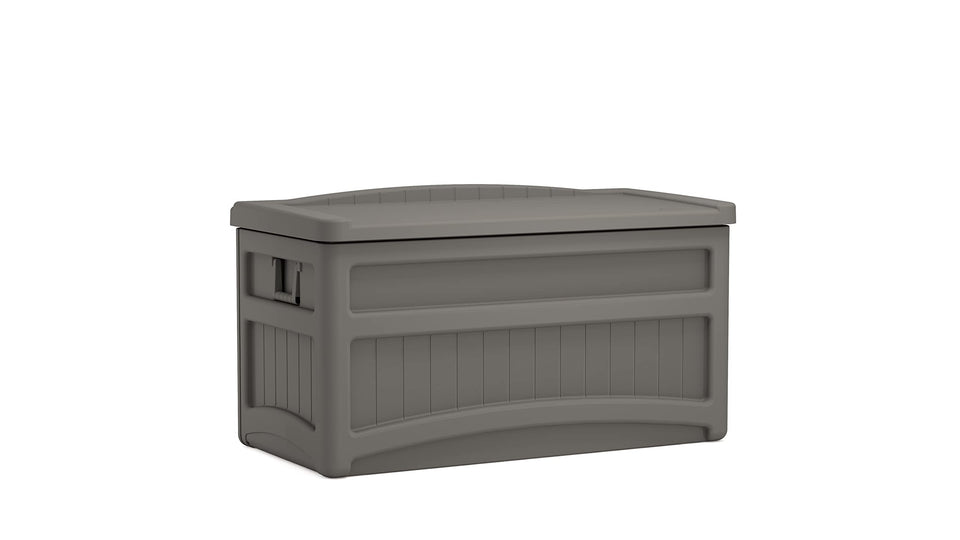 Suncast 73-gallon deck box front view showing large storage capacity.