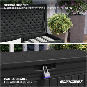 Suncast 80-Gallon deck box dimensions for fitting cushions and gear.