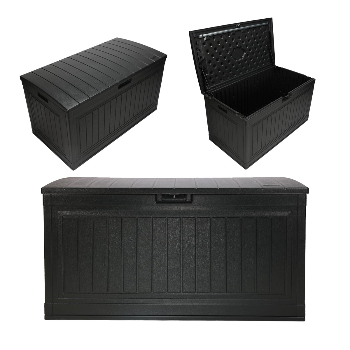 Suncast 80-Gallon deck box with pad-lockable lid for secure outdoor cushion storage.