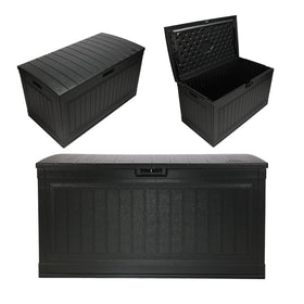Suncast 80-Gallon deck box with pad-lockable lid for secure outdoor cushion storage.