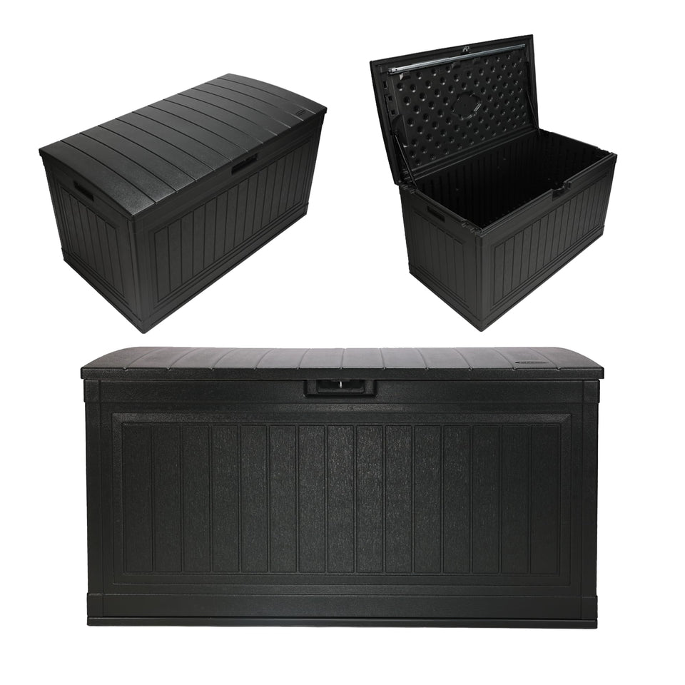 Suncast 80-Gallon deck box with pad-lockable lid for secure outdoor cushion storage.