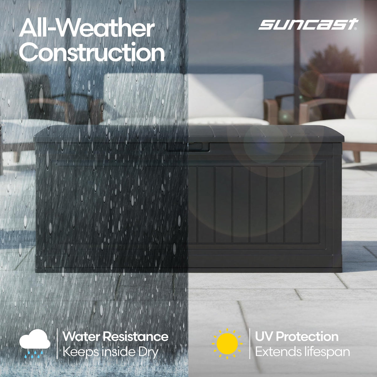 Close-up of pad-lockable lid on Suncast deck box with durable resin panels.