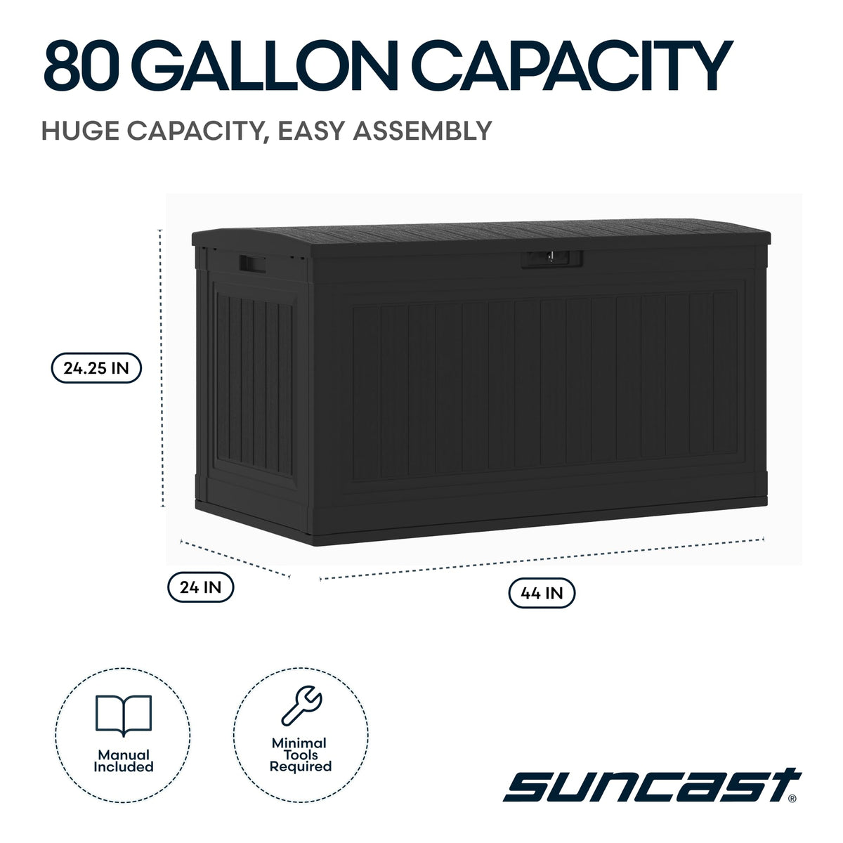 Suncast 80-Gallon deck box lid open, easy-access storage for cushions and tools.