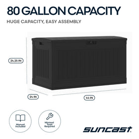 Suncast 80-Gallon deck box lid open, easy-access storage for cushions and tools.