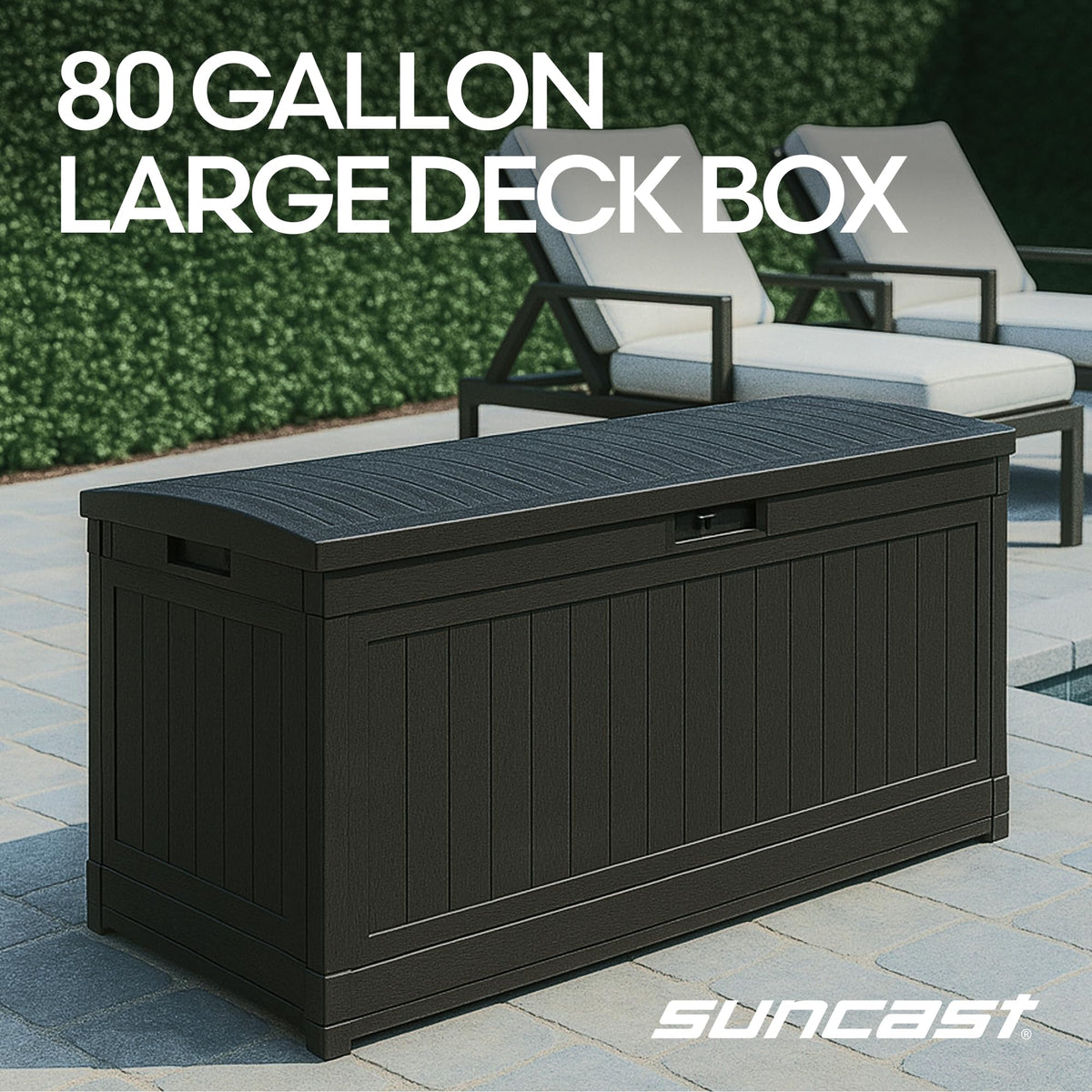Suncast 80-Gallon deck box side view showing weather-resistant resin panels.