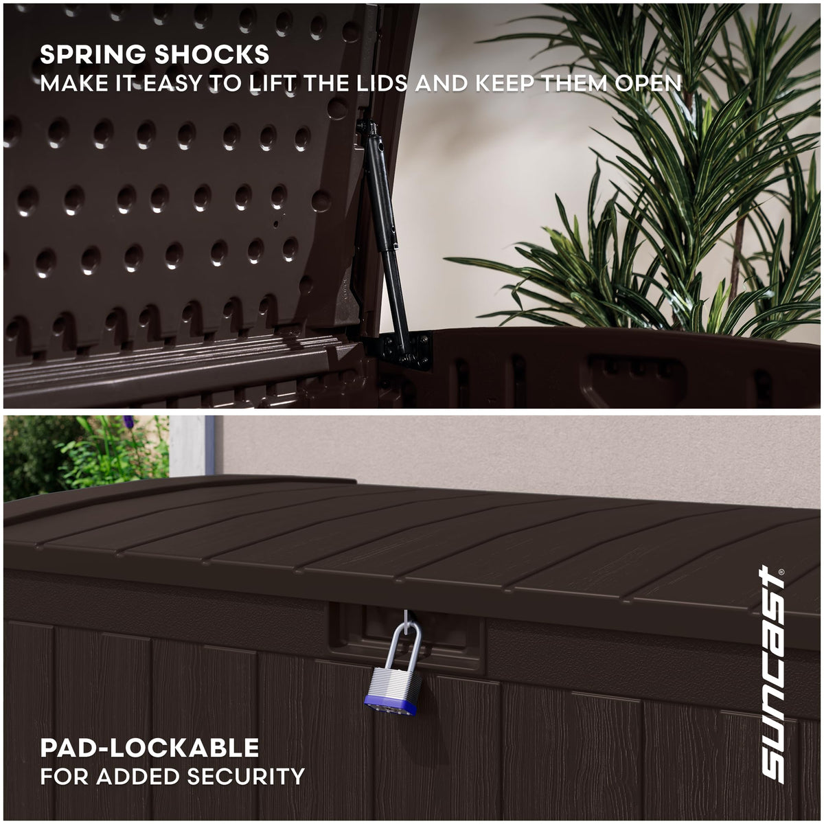 Suncast all-weather deck box resists water and UV fading.