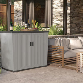 Suncast Backyard Oasis basic dimensions peppercorn, measures 23.5 by 49.75 by 38 inches