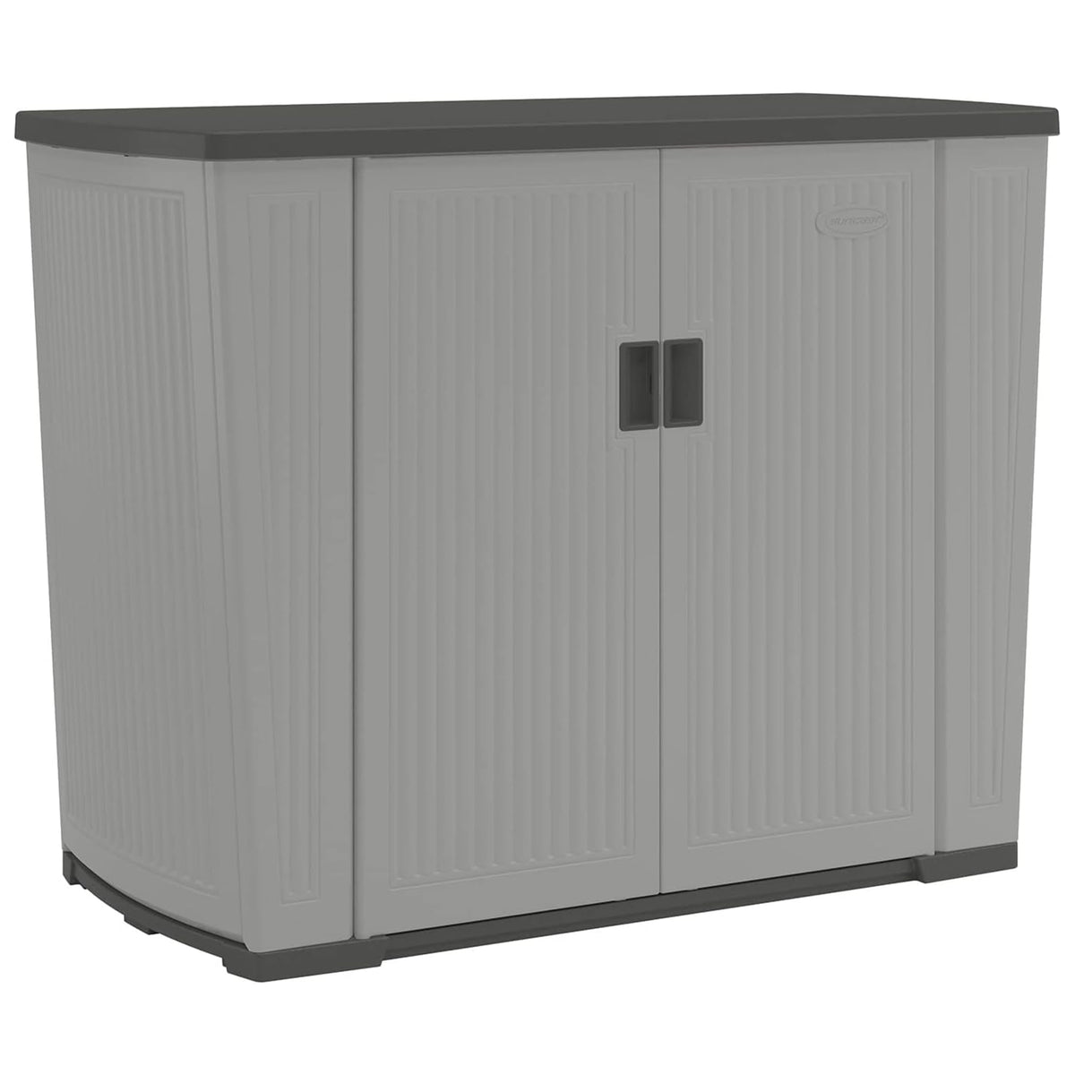 Suncast Backyard Oasis basic unit front view in peppercorn color, showcasing spacious storage