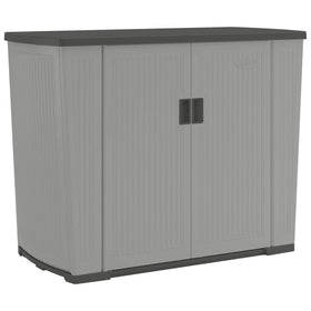 Suncast Backyard Oasis basic unit front view in peppercorn color, showcasing spacious storage