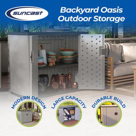 Suncast Backyard Oasis basic unit open doors peppercorn, easy access to tools and cushions