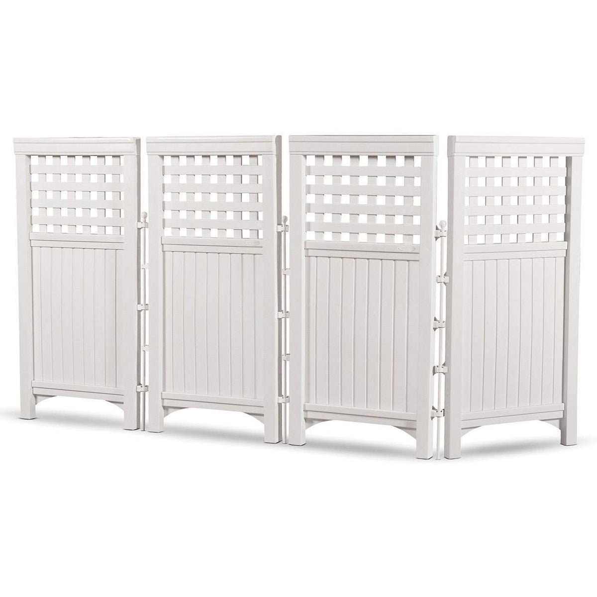 Suncast enclosure conceals air conditioners and garbage cans for cleaner exteriors.