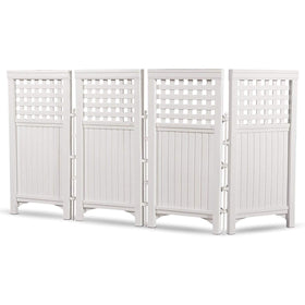 Suncast enclosure conceals air conditioners and garbage cans for cleaner exteriors.