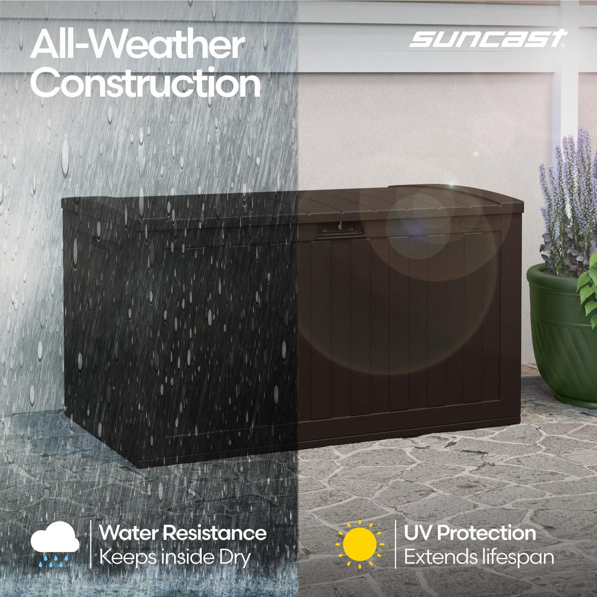 Suncast 134-gal deck box stores cushions and tools neatly.