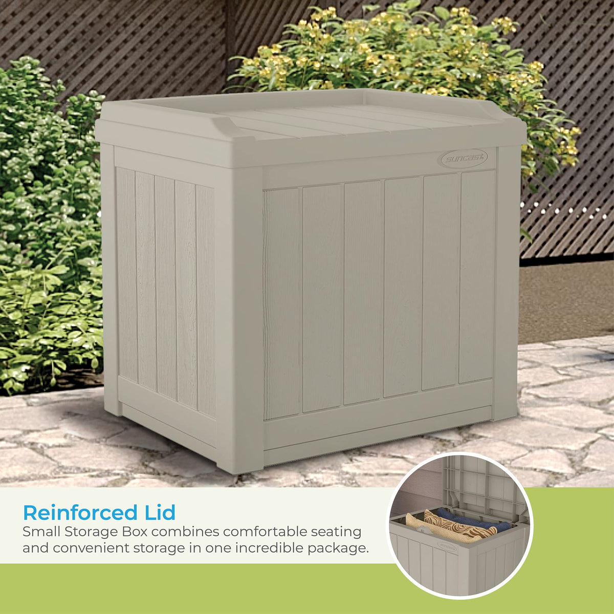 Suncast deck box lid doubles as extra seating on the patio.