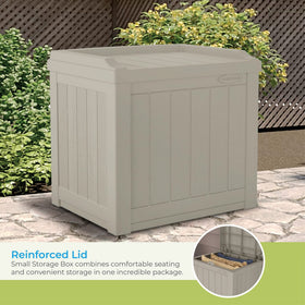 Suncast deck box lid doubles as extra seating on the patio.