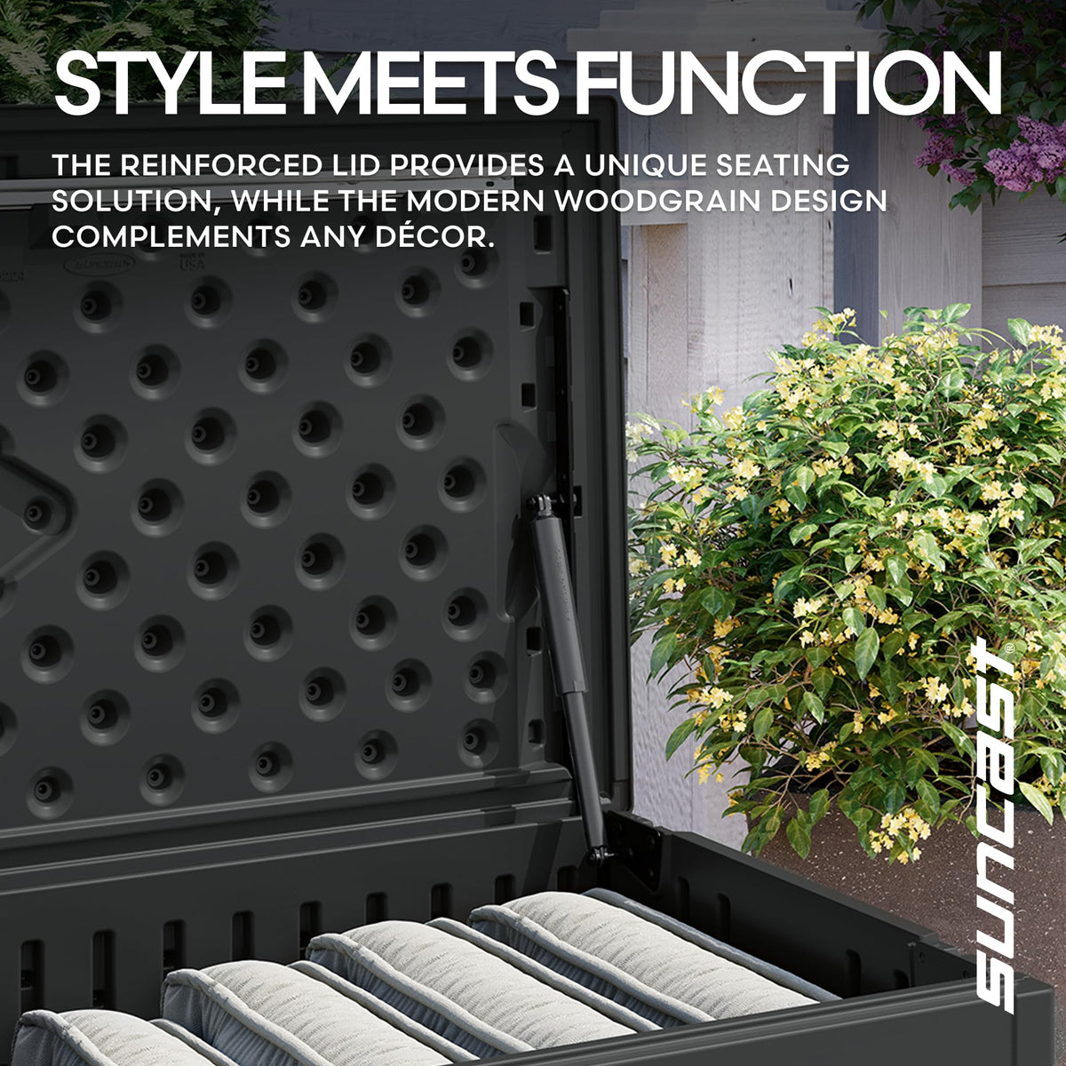 Suncast 80-Gallon deck box storage ideas include cushions and tools.