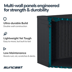 Suncast deck box resists moisture and UV light to protect items year-round.