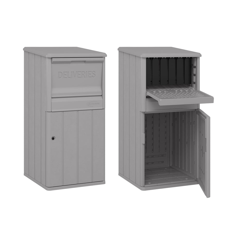 Suncast delivery box front view showing secure weatherproof porch storage