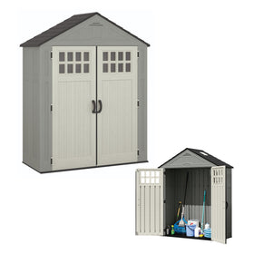 Suncast Everett 6x3ft slim-footprint keeps garden tools neatly stored outdoors