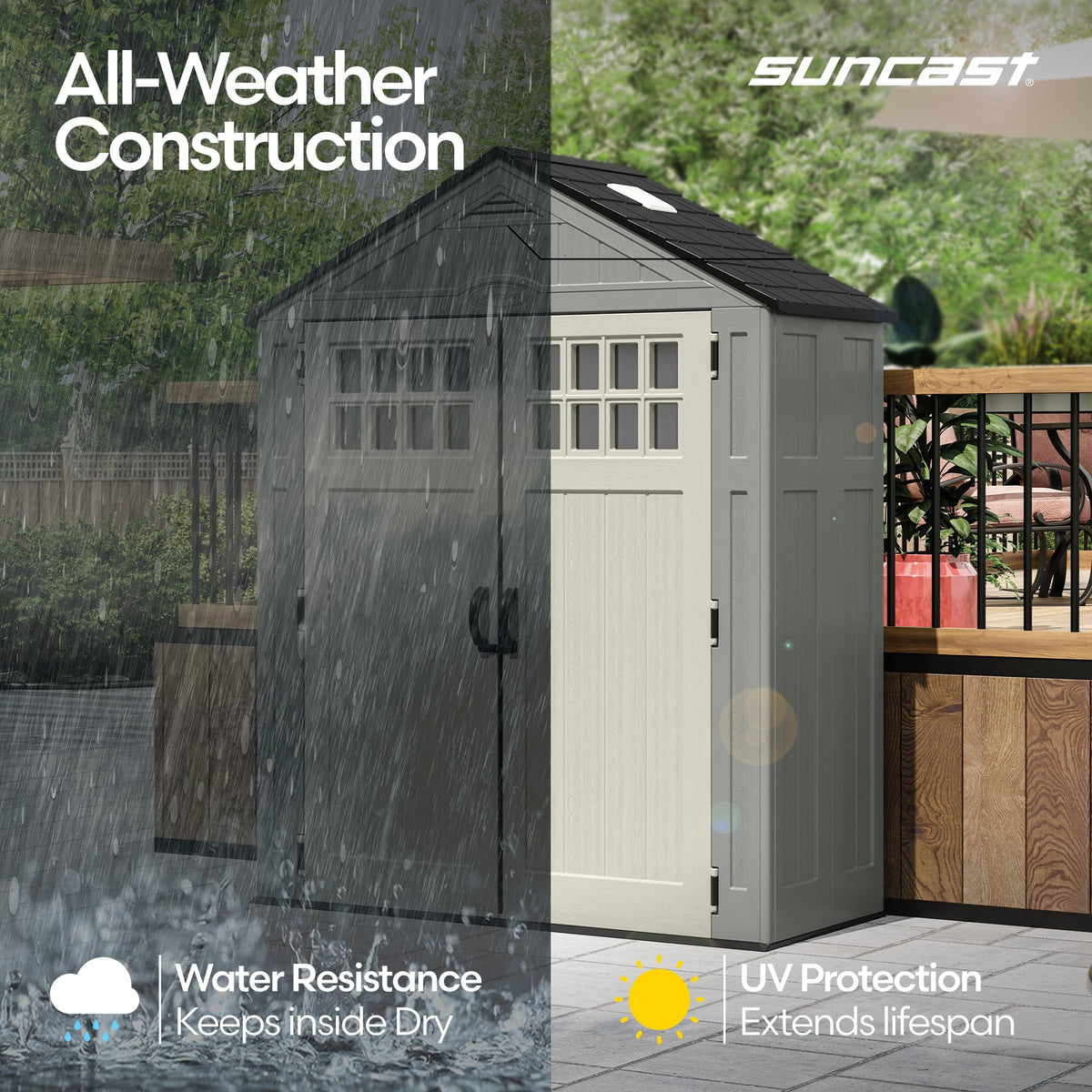 Suncast Everett side-yard storage fits tight spaces for garden gear