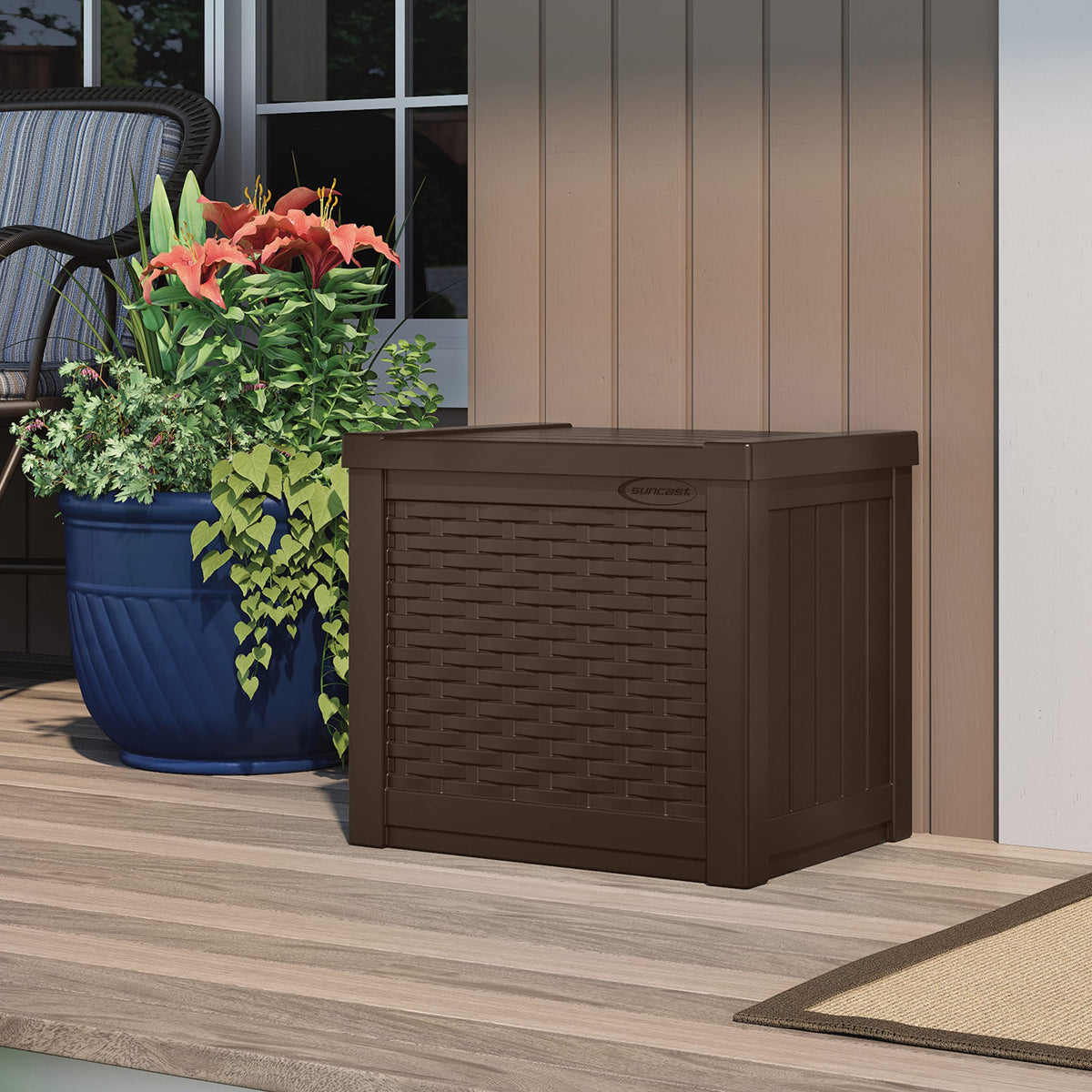 Suncast Java resin deck box with weather-resistant design for year-round use.