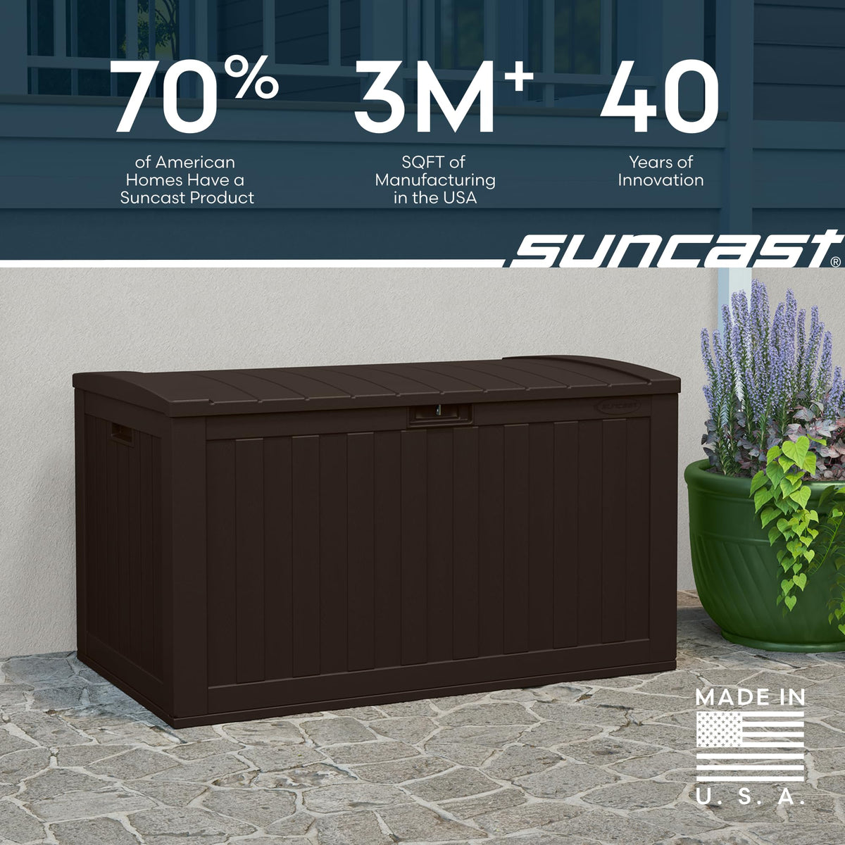 Suncast deck box lid doubles as seating option for outdoors.