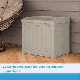 Suncast light taupe resin deck box with weatherproof storage for cushions.