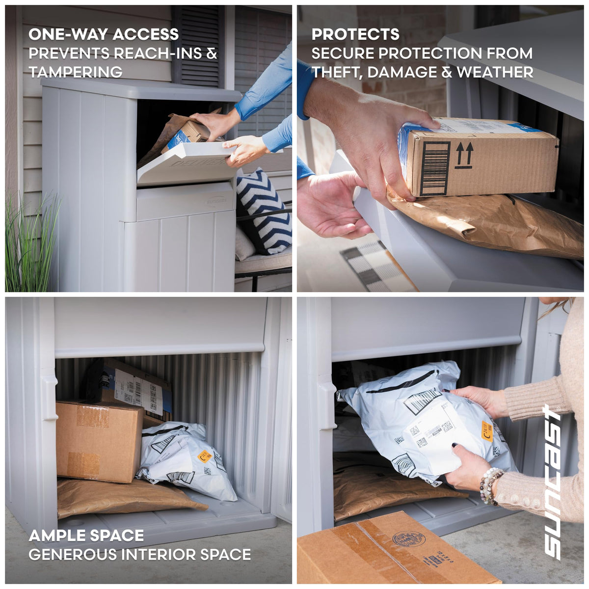 Suncast package box lock mechanism close-up highlighting keyed protection