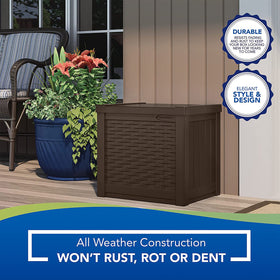 Suncast outdoor storage for pool gear, towels, and cleaning supplies.