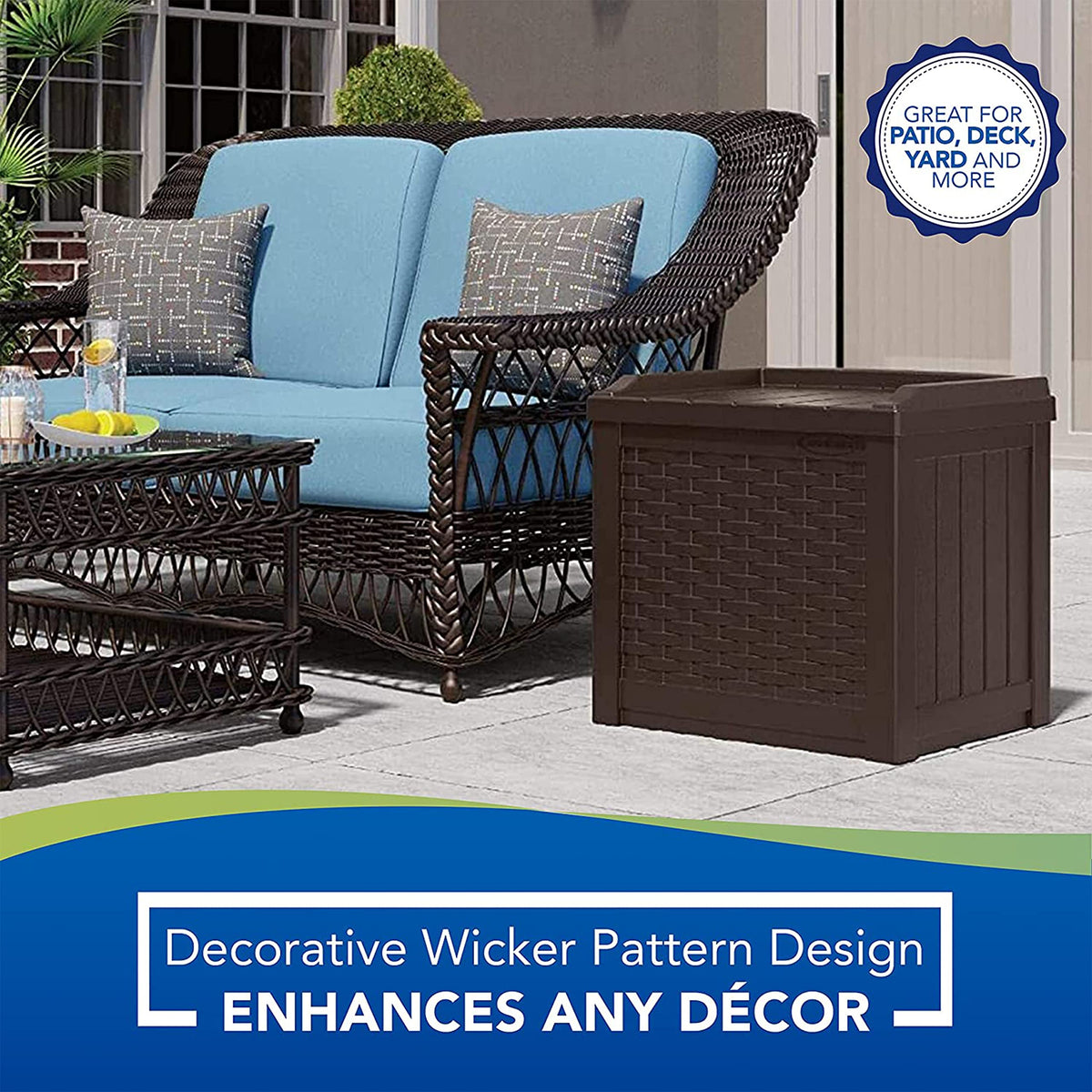 Suncast box provides porch shoe storage and entryway organization.