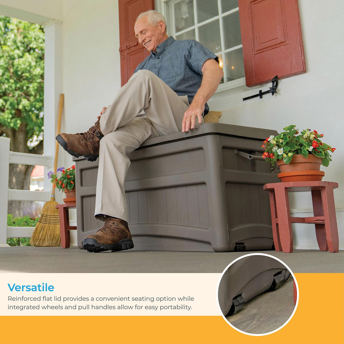 Suncast deck box with wheels easing outdoor repositioning.