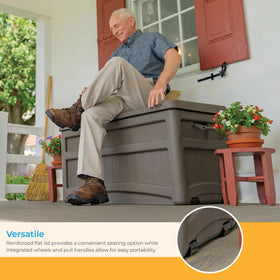 Suncast deck box with wheels easing outdoor repositioning.