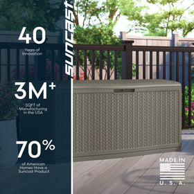 Suncast seating-capable lid offers extra seating while securing items