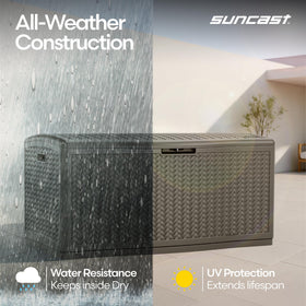 Suncast deck box in stoney gray wicker finish complements outdoor decor