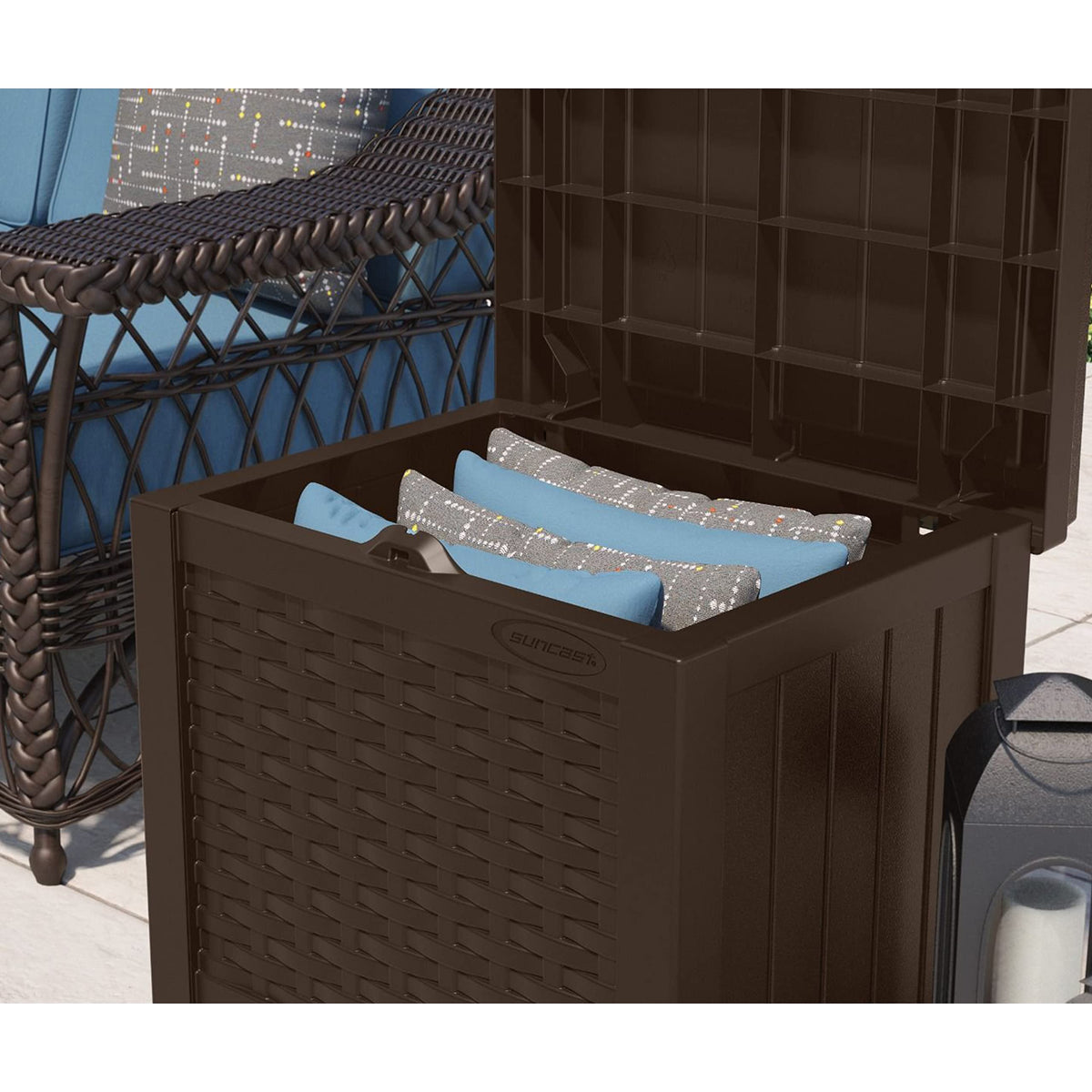 Suncast storage box assembles tool-free for quick setup.