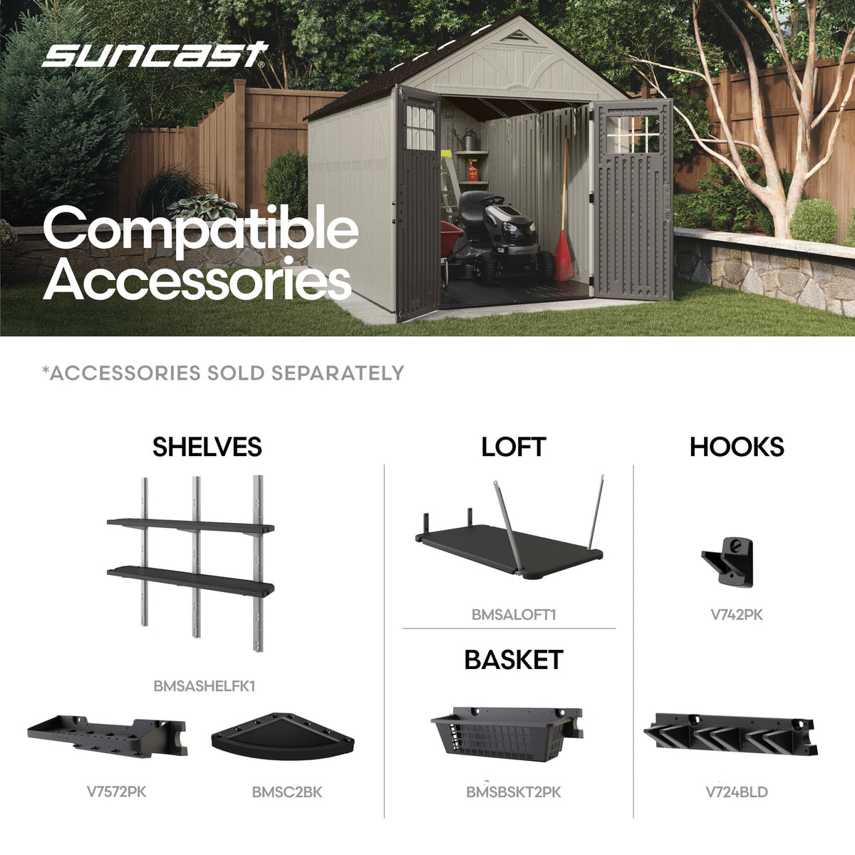 Suncast Tremont corner shelves inside for tidy bike and tool organization.