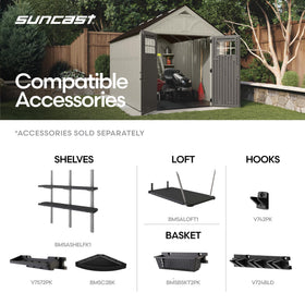 Suncast Tremont corner shelves inside for tidy bike and tool organization.
