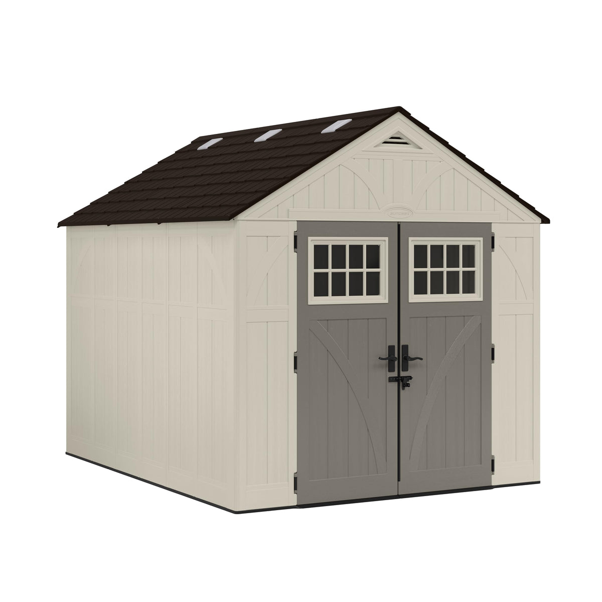 Suncast Tremont 8x10 shed exterior with floor, weather-resistant storage for yard gear.
