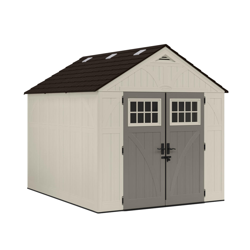 Suncast Tremont 8x10 shed exterior with floor, weather-resistant storage for yard gear.