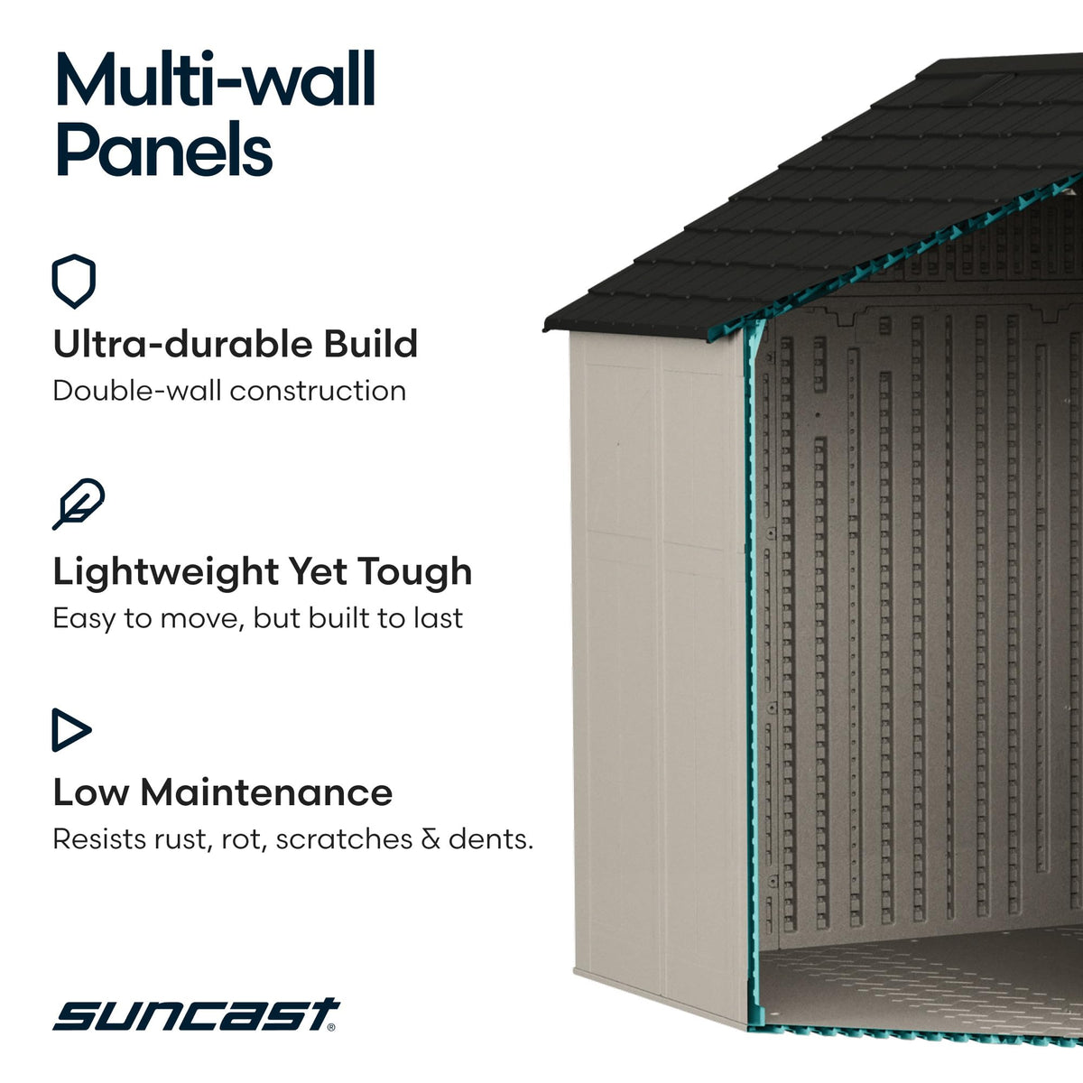Suncast Tremont floor detail highlighting reinforced base for heavy equipment.
