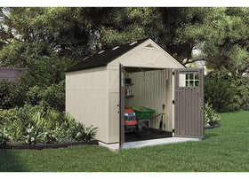 Suncast Tremont shed with lockable double doors for secure access to outdoor gear.