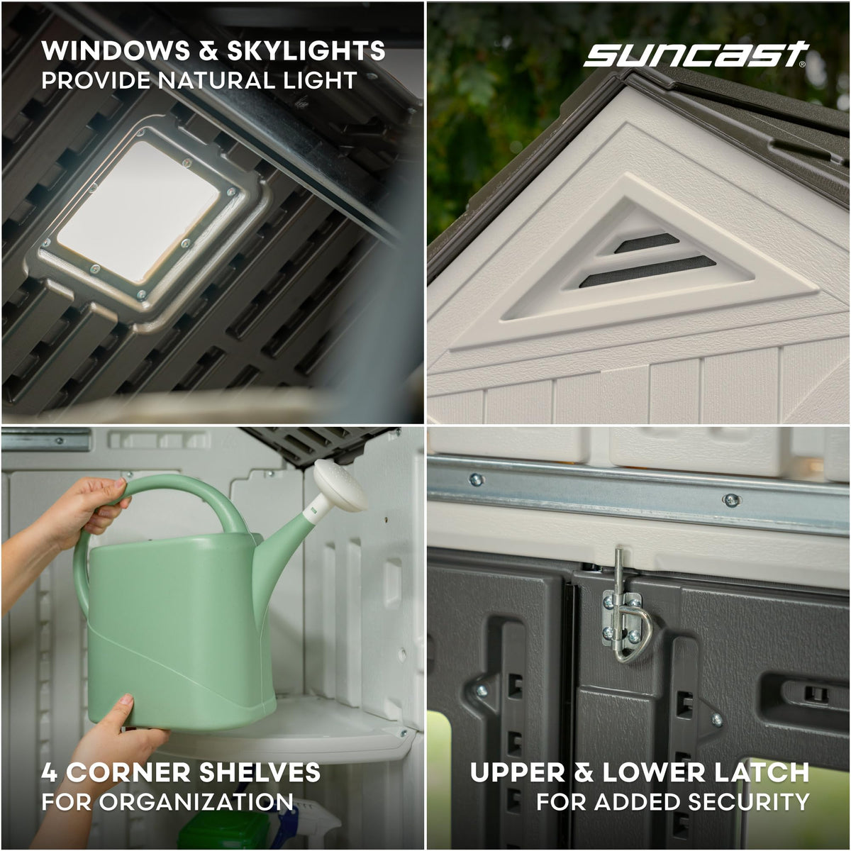 Suncast Tremont interior showing skylights for natural light and airflow.