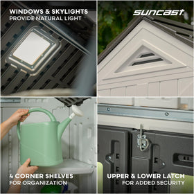 Suncast Tremont interior showing skylights for natural light and airflow.