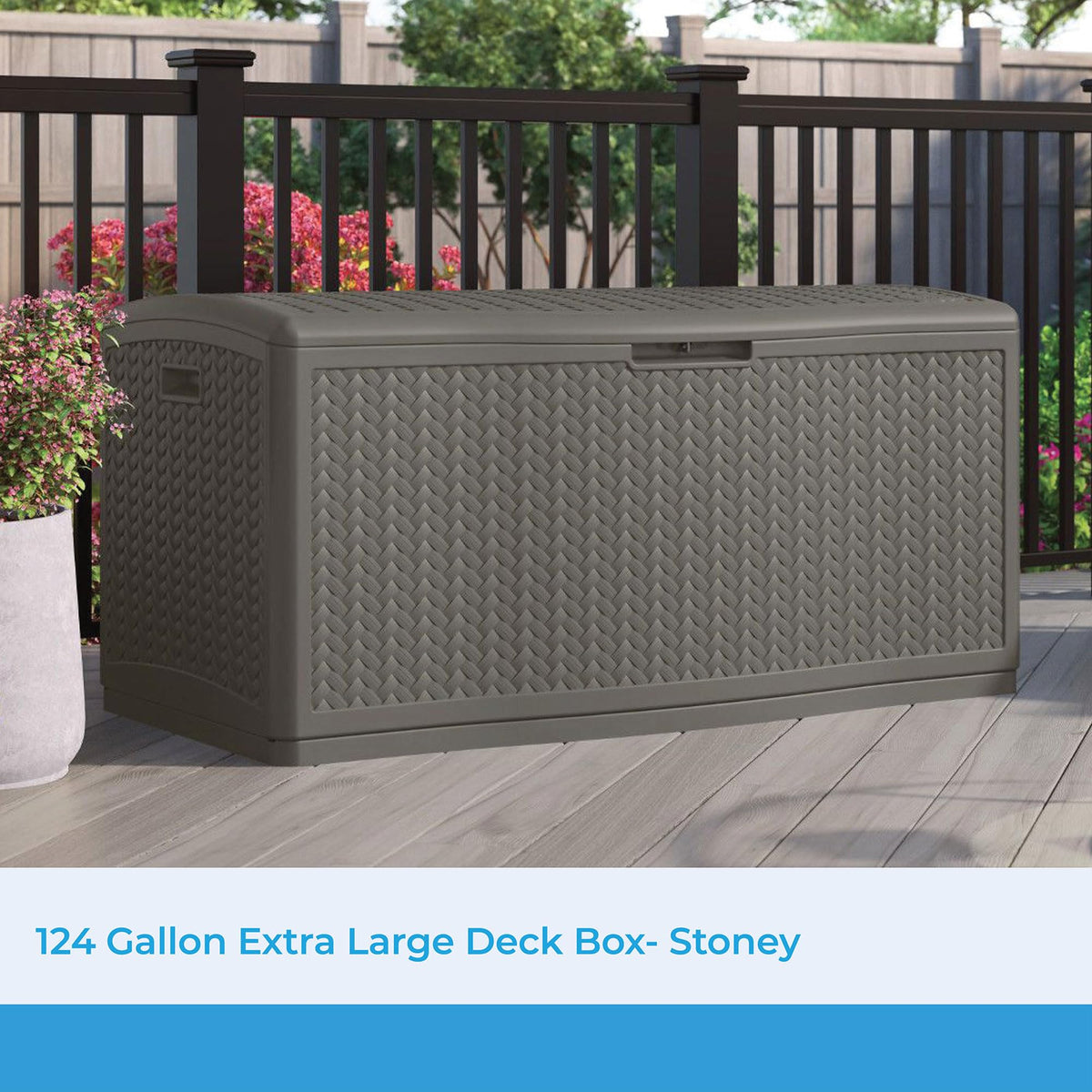 Suncast weather-resistant resin deck box enduring rain and sun with style