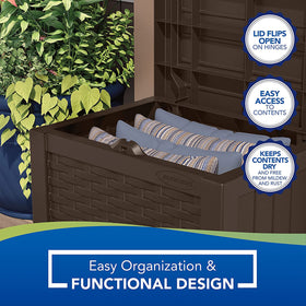 Suncast Java resin box in a weather-resistant finish suitable for outdoors.