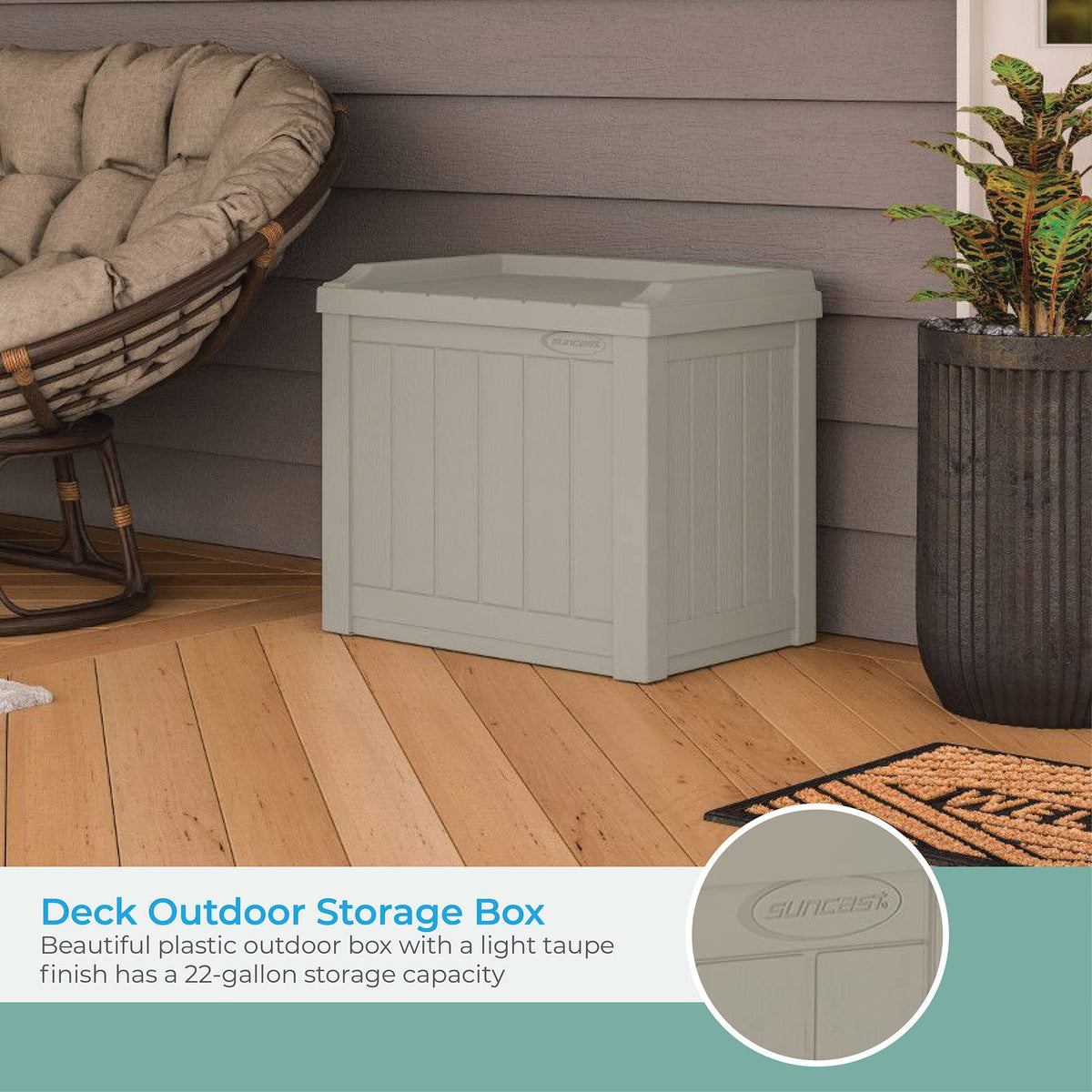 Suncast weatherproof outdoor container protects pool towels and gear.