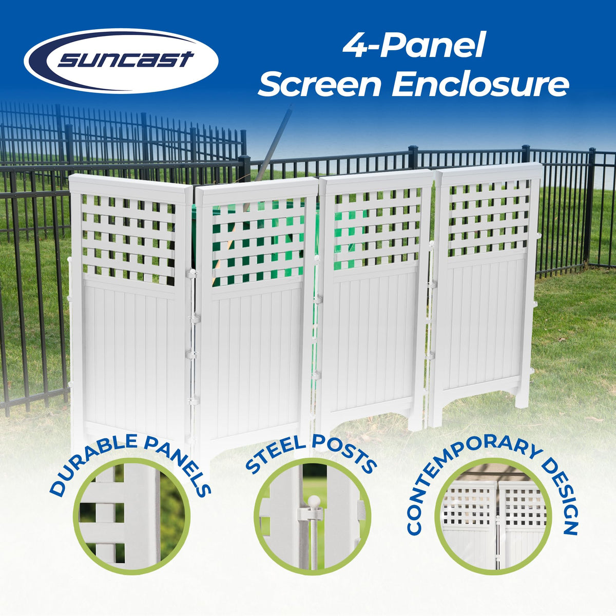 Suncast wood-like paneling and lattice design enhances yard aesthetics.