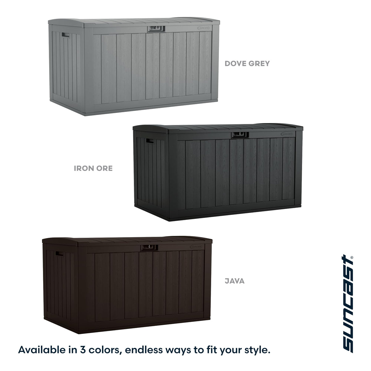 Suncast wood-like texture deck box complements outdoor décor.